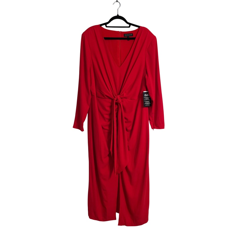 ELOQUII Red Long Sleeve Ruched Front Tie Midi Dress Faux Wrap Plus Size 20